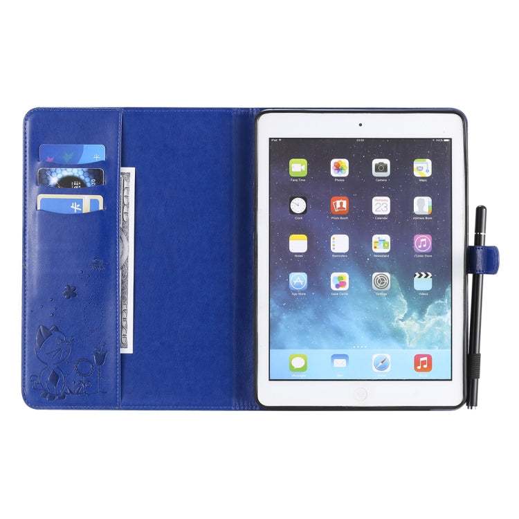 For iPad Air 2 / Air / 9.7 (2018) & (2017) Cat Bee Embossing Pattern Horizontal Flip Leather Case with Holder & Card Slots & Wallet & Pen Slot & Wake-up / Sleep Function(Blue) - iPad 9.7 (2018) & (2017) Cases by buy2fix | Online Shopping UK | buy2fix