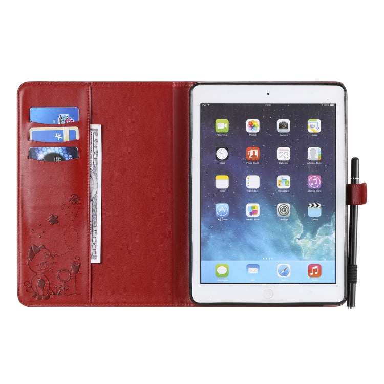 For iPad Air 2 / Air / 9.7 (2018) & (2017) Cat Bee Embossing Pattern Horizontal Flip Leather Case with Holder & Card Slots & Wallet & Pen Slot & Wake-up / Sleep Function(Red) - iPad 9.7 (2018) & (2017) Cases by buy2fix | Online Shopping UK | buy2fix