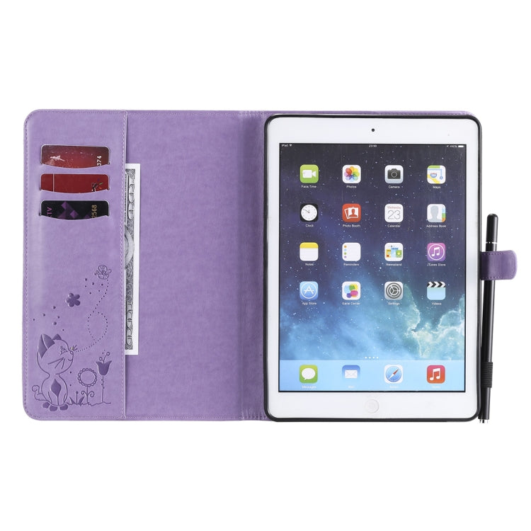 For iPad Air 2 / Air / 9.7 (2018) & (2017) Cat Bee Embossing Pattern Horizontal Flip Leather Case with Holder & Card Slots & Wallet & Pen Slot & Wake-up / Sleep Function(Purple) - iPad 9.7 (2018) & (2017) Cases by buy2fix | Online Shopping UK | buy2fix