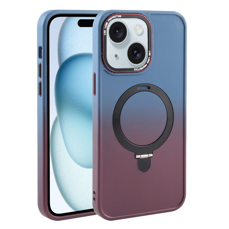 For iPhone 15 Gradient MagSafe Holder Liquid TPU Hybrid PC Phone Case(Blue Wine Red) - iPhone 15 Cases by buy2fix | Online Shopping UK | buy2fix