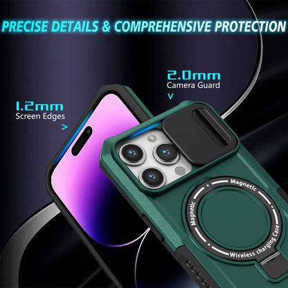 For iPhone 14 Pro Sliding Camshield Magsafe Holder TPU Hybrid PC Phone Case(Deep Green) - iPhone 14 Pro Cases by buy2fix | Online Shopping UK | buy2fix