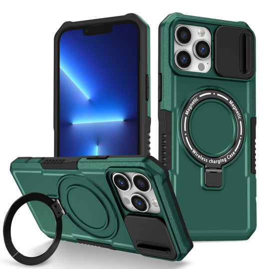 For iPhone 13 Pro Max Sliding Camshield MagSafe Holder TPU Hybrid PC Phone Case(Deep Green)