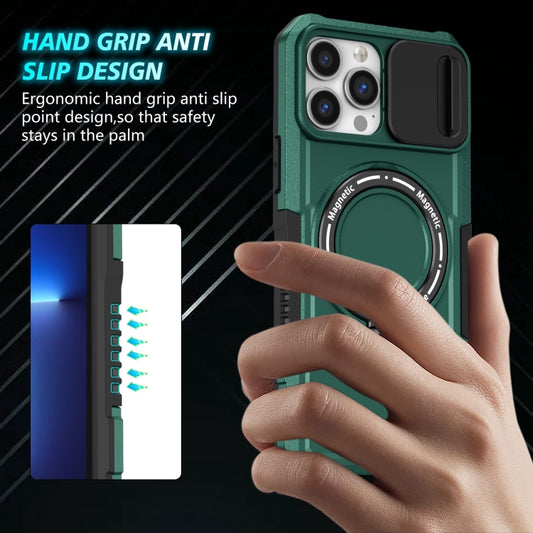 For iPhone 13 Pro Max Sliding Camshield MagSafe Holder TPU Hybrid PC Phone Case(Deep Green) by buy2fix