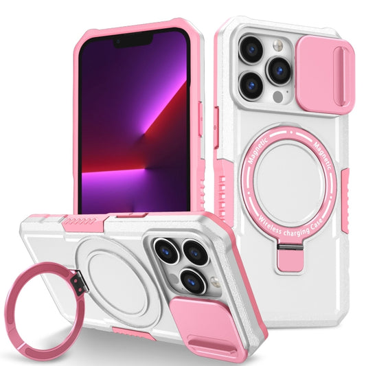 For iPhone 13 Pro Sliding Camshield MagSafe Holder TPU Hybrid PC Phone Case(Pink White) by buy2fix