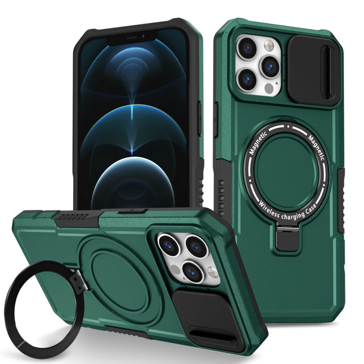 For iPhone 12 Pro Sliding Camshield MagSafe Holder TPU Hybrid PC Phone Case(Deep Green) by buy2fix