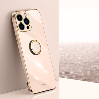 For iPhone 15 Pro XINLI Straight Edge 6D Electroplate TPU Phone Case with Ring Holder(Pink) - iPhone 15 Pro Cases by XINLI | Online Shopping UK | buy2fix