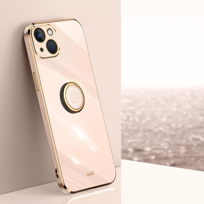 For iPhone 15 Plus XINLI Straight Edge 6D Electroplate TPU Phone Case with Ring Holder(Pink) - iPhone 15 Plus Cases by XINLI | Online Shopping UK | buy2fix