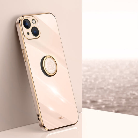 For iPhone 15 XINLI Straight Edge 6D Electroplate TPU Phone Case with Ring Holder(Pink) - iPhone 15 Cases by XINLI | Online Shopping UK | buy2fix