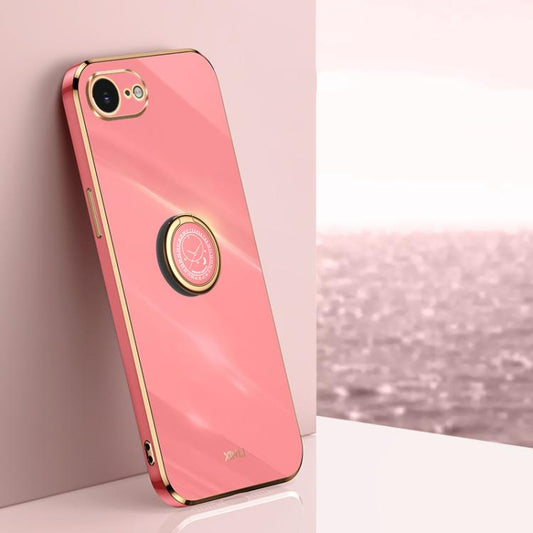 For iPhone 16e XINLI Straight Edge 6D Electroplate TPU Phone Case with Ring Holder(Hawthorn Red) - iPhone 16e Cases by XINLI | Online Shopping UK | buy2fix