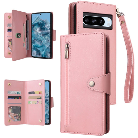 For Google Pixel 8a Rivet Buckle 9 Cards Three Fold Leather Phone Case(Rose Gold) - Google Cases by buy2fix | Online Shopping UK | buy2fix