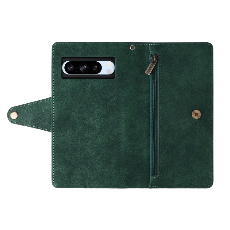 For Google Pixel 8a Rivet Buckle 9 Cards Three Fold Leather Phone Case(Green) - Google Cases by buy2fix | Online Shopping UK | buy2fix