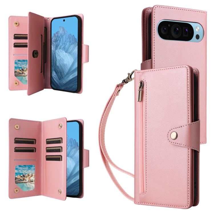 For Google Pixel 10 / 10 Pro Rivet Buckle 9 Cards Three Fold Leather Phone Case(Rose Gold) - Google Cases by buy2fix | Online Shopping UK | buy2fix