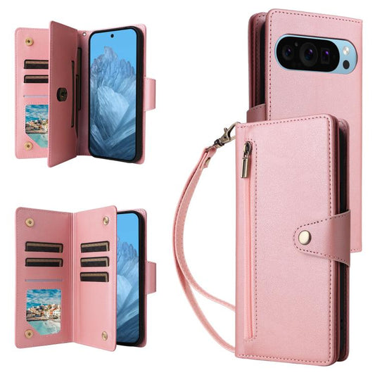 For Google Pixel 10 / 10 Pro Rivet Buckle 9 Cards Three Fold Leather Phone Case(Rose Gold) - Google Cases by buy2fix | Online Shopping UK | buy2fix