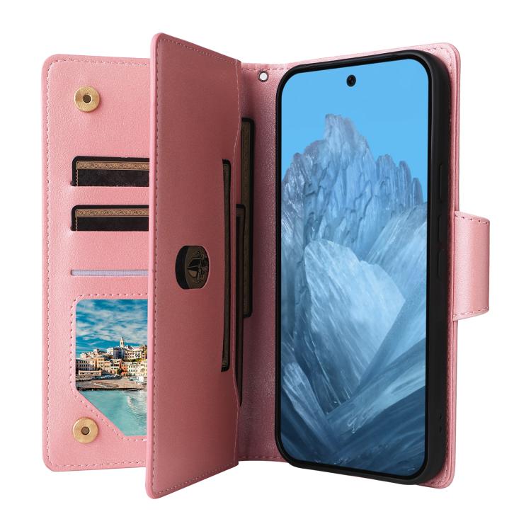 For Google Pixel 10 / 10 Pro Rivet Buckle 9 Cards Three Fold Leather Phone Case(Rose Gold) - Google Cases by buy2fix | Online Shopping UK | buy2fix