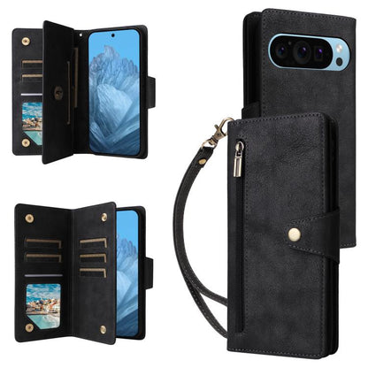 For Google Pixel 10 / 10 Pro Rivet Buckle 9 Cards Three Fold Leather Phone Case(Black) - Google Cases by buy2fix | Online Shopping UK | buy2fix