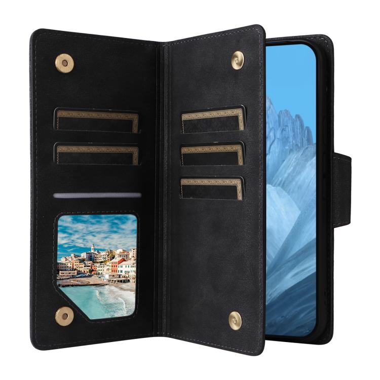 For Google Pixel 10 / 10 Pro Rivet Buckle 9 Cards Three Fold Leather Phone Case(Black) - Google Cases by buy2fix | Online Shopping UK | buy2fix