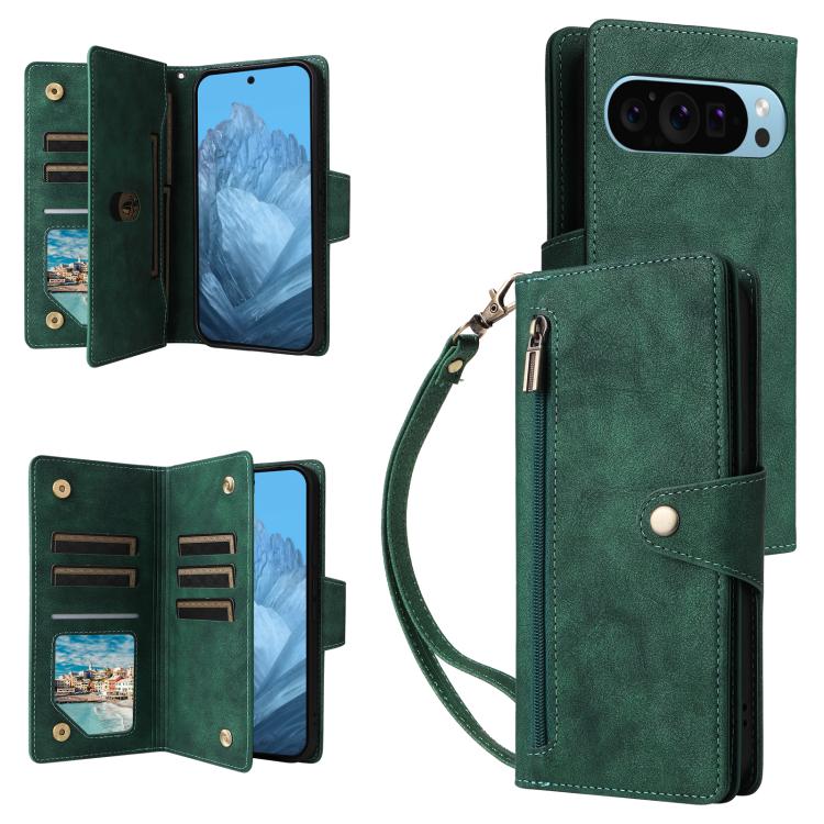 For Google Pixel 10 / 10 Pro Rivet Buckle 9 Cards Three Fold Leather Phone Case(Green) - Google Cases by buy2fix | Online Shopping UK | buy2fix