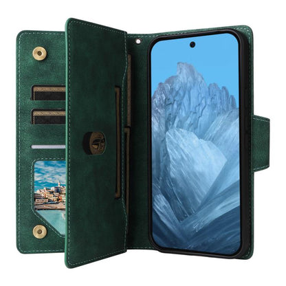 For Google Pixel 10 / 10 Pro Rivet Buckle 9 Cards Three Fold Leather Phone Case(Green) - Google Cases by buy2fix | Online Shopping UK | buy2fix