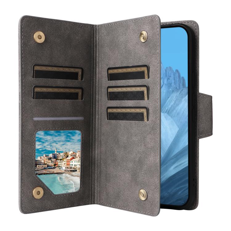 For Google Pixel 10 / 10 Pro Rivet Buckle 9 Cards Three Fold Leather Phone Case(Grey) - Google Cases by buy2fix | Online Shopping UK | buy2fix