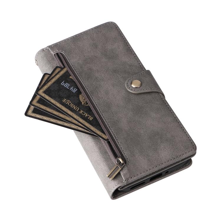 For Google Pixel 10 / 10 Pro Rivet Buckle 9 Cards Three Fold Leather Phone Case(Grey) - Google Cases by buy2fix | Online Shopping UK | buy2fix