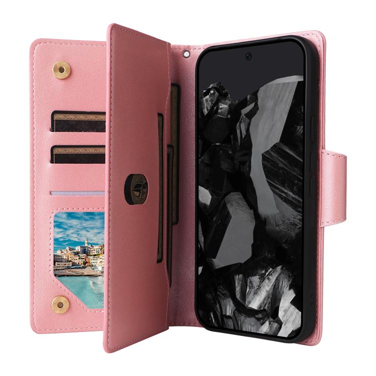 For Google Pixel 10 Pro XL / 9 Pro XL Rivet Buckle 9 Cards Three Fold Leather Phone Case(Rose Gold) - Google Cases by buy2fix | Online Shopping UK | buy2fix