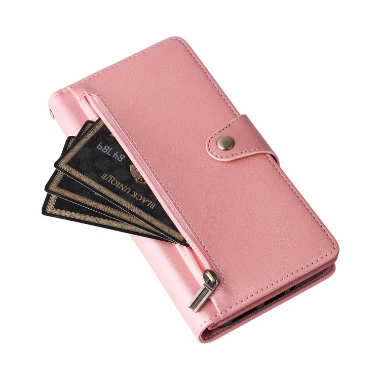 For Google Pixel 10 Pro XL / 9 Pro XL Rivet Buckle 9 Cards Three Fold Leather Phone Case(Rose Gold) - Google Cases by buy2fix | Online Shopping UK | buy2fix