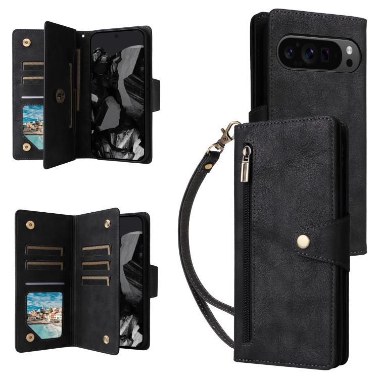 For Google Pixel 10 Pro XL / 9 Pro XL Rivet Buckle 9 Cards Three Fold Leather Phone Case(Black) - Google Cases by buy2fix | Online Shopping UK | buy2fix