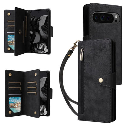 For Google Pixel 10 Pro XL / 9 Pro XL Rivet Buckle 9 Cards Three Fold Leather Phone Case(Black) - Google Cases by buy2fix | Online Shopping UK | buy2fix
