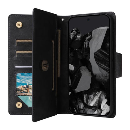 For Google Pixel 10 Pro XL / 9 Pro XL Rivet Buckle 9 Cards Three Fold Leather Phone Case(Black) - Google Cases by buy2fix | Online Shopping UK | buy2fix
