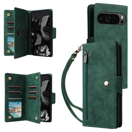 For Google Pixel 10 Pro XL / 9 Pro XL Rivet Buckle 9 Cards Three Fold Leather Phone Case(Green) - Google Cases by buy2fix | Online Shopping UK | buy2fix