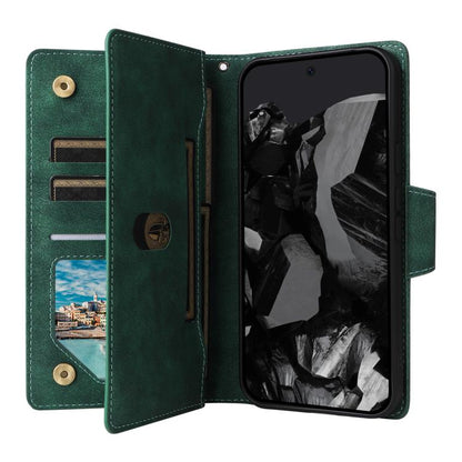 For Google Pixel 10 Pro XL / 9 Pro XL Rivet Buckle 9 Cards Three Fold Leather Phone Case(Green) - Google Cases by buy2fix | Online Shopping UK | buy2fix