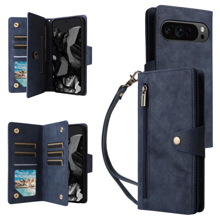 For Google Pixel 10 Pro XL / 9 Pro XL Rivet Buckle 9 Cards Three Fold Leather Phone Case(Blue) - Google Cases by buy2fix | Online Shopping UK | buy2fix
