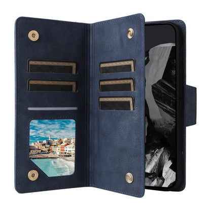 For Google Pixel 10 Pro XL / 9 Pro XL Rivet Buckle 9 Cards Three Fold Leather Phone Case(Blue) - Google Cases by buy2fix | Online Shopping UK | buy2fix