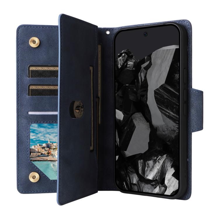 For Google Pixel 10 Pro XL / 9 Pro XL Rivet Buckle 9 Cards Three Fold Leather Phone Case(Blue) - Google Cases by buy2fix | Online Shopping UK | buy2fix