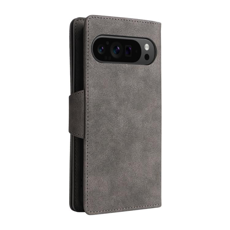 For Google Pixel 10 Pro XL / 9 Pro XL Rivet Buckle 9 Cards Three Fold Leather Phone Case(Grey) - Google Cases by buy2fix | Online Shopping UK | buy2fix