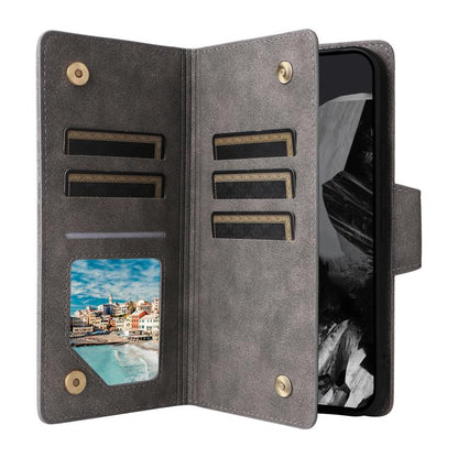 For Google Pixel 10 Pro XL / 9 Pro XL Rivet Buckle 9 Cards Three Fold Leather Phone Case(Grey) - Google Cases by buy2fix | Online Shopping UK | buy2fix