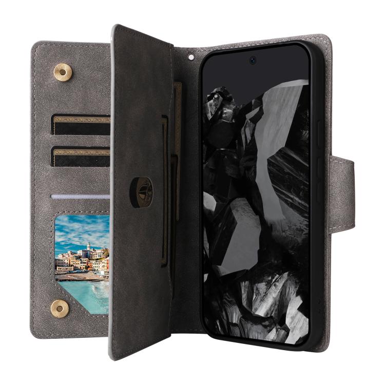 For Google Pixel 10 Pro XL / 9 Pro XL Rivet Buckle 9 Cards Three Fold Leather Phone Case(Grey) - Google Cases by buy2fix | Online Shopping UK | buy2fix