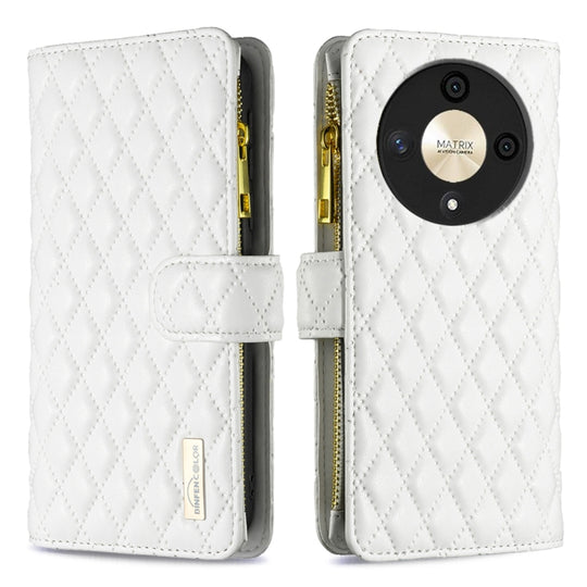 For Honor X9b / Magic6 Lite 5G Diamond Lattice Zipper Wallet Leather Flip Phone Case(White)