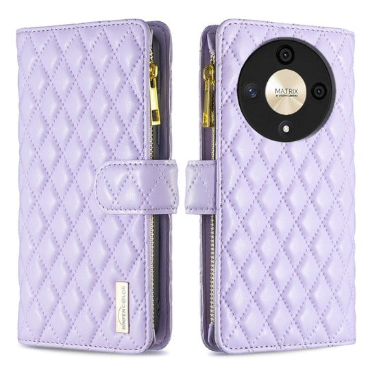 For Honor X9b / Magic6 Lite 5G Diamond Lattice Zipper Wallet Leather Flip Phone Case(Purple)