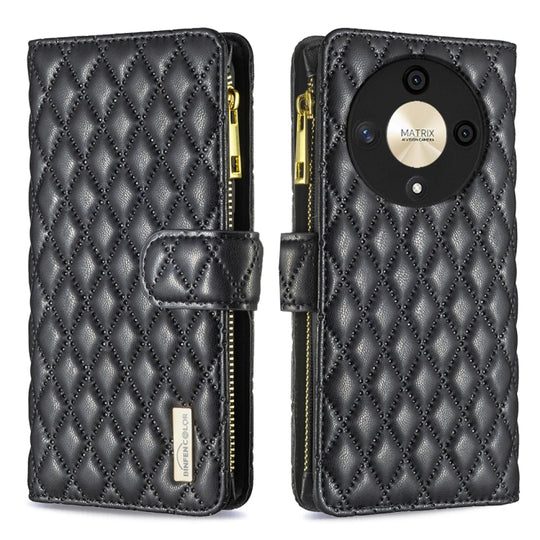 For Honor X9b / Magic6 Lite 5G Diamond Lattice Zipper Wallet Leather Flip Phone Case(Black)