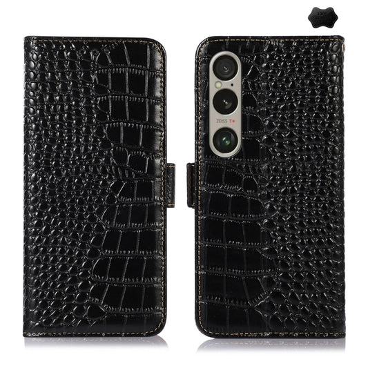 For Sony Xperia 1 VI Crocodile Top Layer Cowhide Leather Phone Case(Black) - Sony Cases by buy2fix | Online Shopping UK | buy2fix