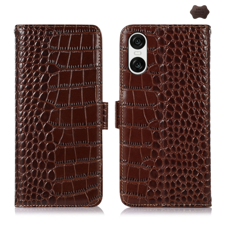 For Sony Xperia 10 VI Crocodile Top Layer Cowhide Leather Phone Case(Brown) - Sony Cases by buy2fix | Online Shopping UK | buy2fix