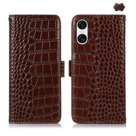 For Sony Xperia 10 VI Crocodile Top Layer Cowhide Leather Phone Case(Brown) - Sony Cases by buy2fix | Online Shopping UK | buy2fix