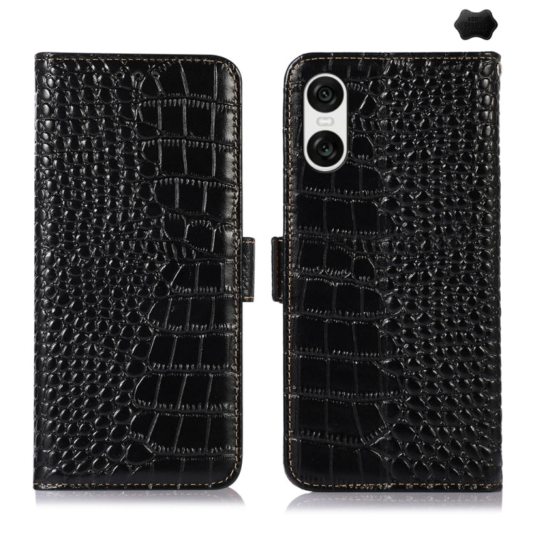 For Sony Xperia 10 VI Crocodile Top Layer Cowhide Leather Phone Case(Black) - Sony Cases by buy2fix | Online Shopping UK | buy2fix