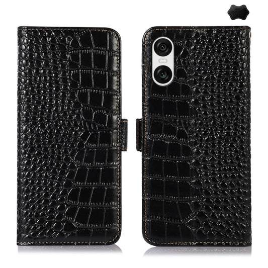 For Sony Xperia 10 VI Crocodile Top Layer Cowhide Leather Phone Case(Black) - Sony Cases by buy2fix | Online Shopping UK | buy2fix