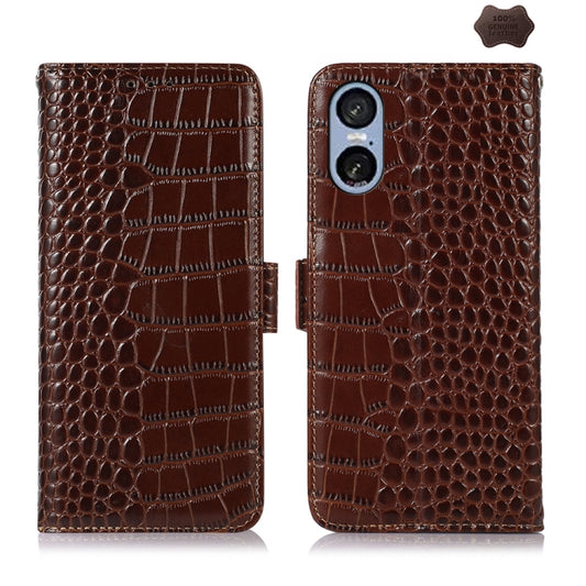 For Sony Xperia 5 VI Crocodile Top Layer Cowhide Leather Phone Case(Brown) - Sony Cases by buy2fix | Online Shopping UK | buy2fix