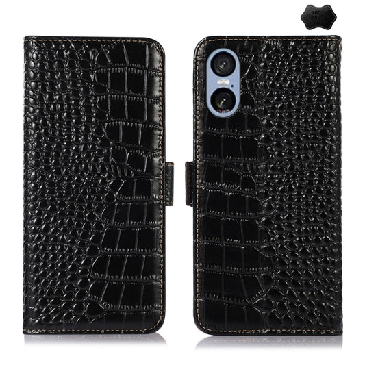 For Sony Xperia 5 VI Crocodile Top Layer Cowhide Leather Phone Case(Black) - Sony Cases by buy2fix | Online Shopping UK | buy2fix