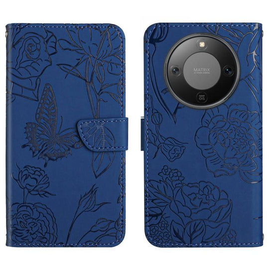 For Honor X9d 5G Global HT03 Skin Feel Butterfly Embossed Flip Leather Phone Case(Blue)