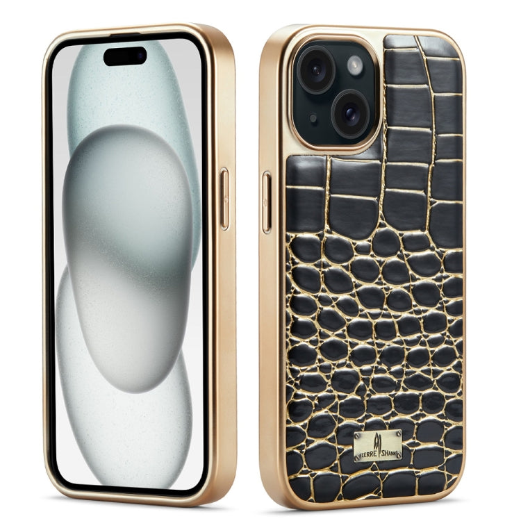 For iPhone 15 Plus Fierre Shann Crocodile Texture Electroplating PU Phone Case(Black) - iPhone 15 Plus Cases by FIERRE SHANN | Online Shopping UK | buy2fix