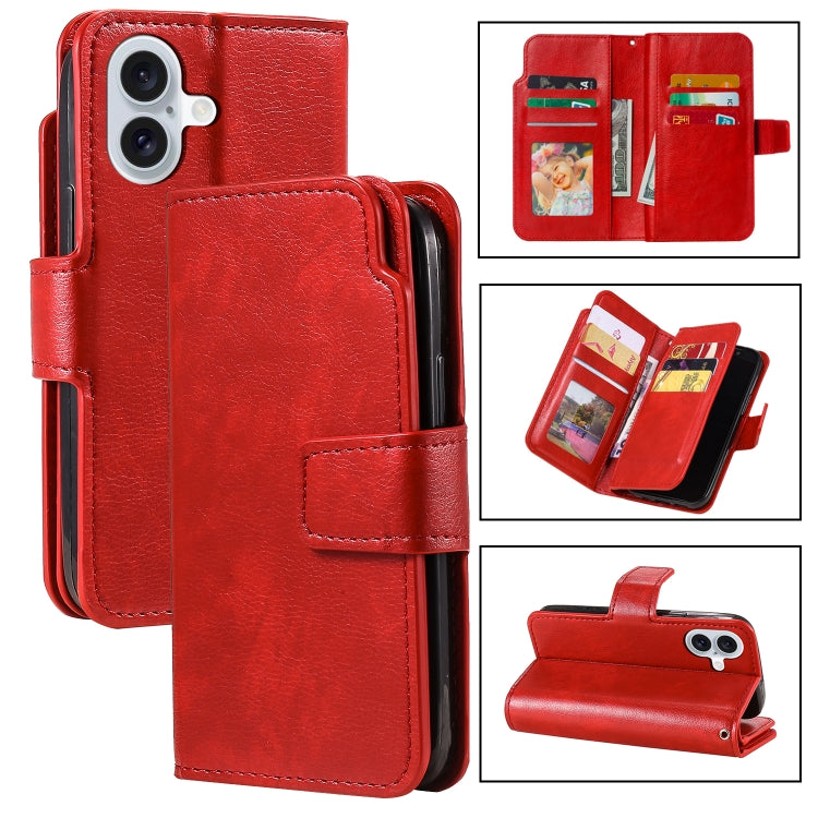 For iPhone 16 Plus Tri-Fold 9-Card Wallets Leather Phone Case(Red) - iPhone 16 Plus Cases by buy2fix | Online Shopping UK | buy2fix